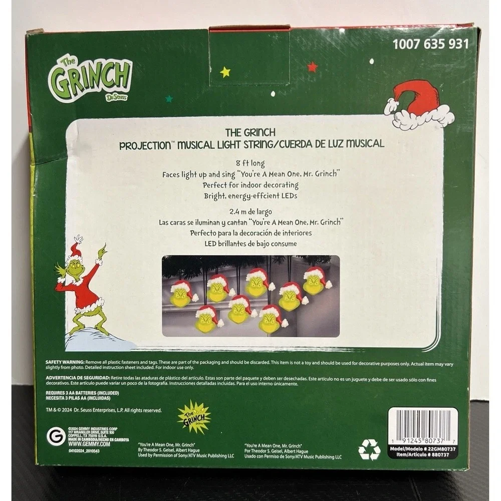 The Grinch Projection Christmas Musical String Lights (8) - 8.2' long-New In Box
